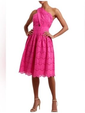 EUC French Connection Appelona One-Shoulder Eyelet Midi Dress in Hot Pink US10
